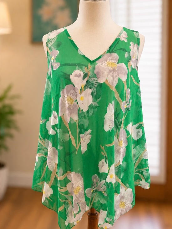 INC International Concepts Tops - INC Green Floral Flowy Tank Handkerchief Hem Sleeveless Tunic M
